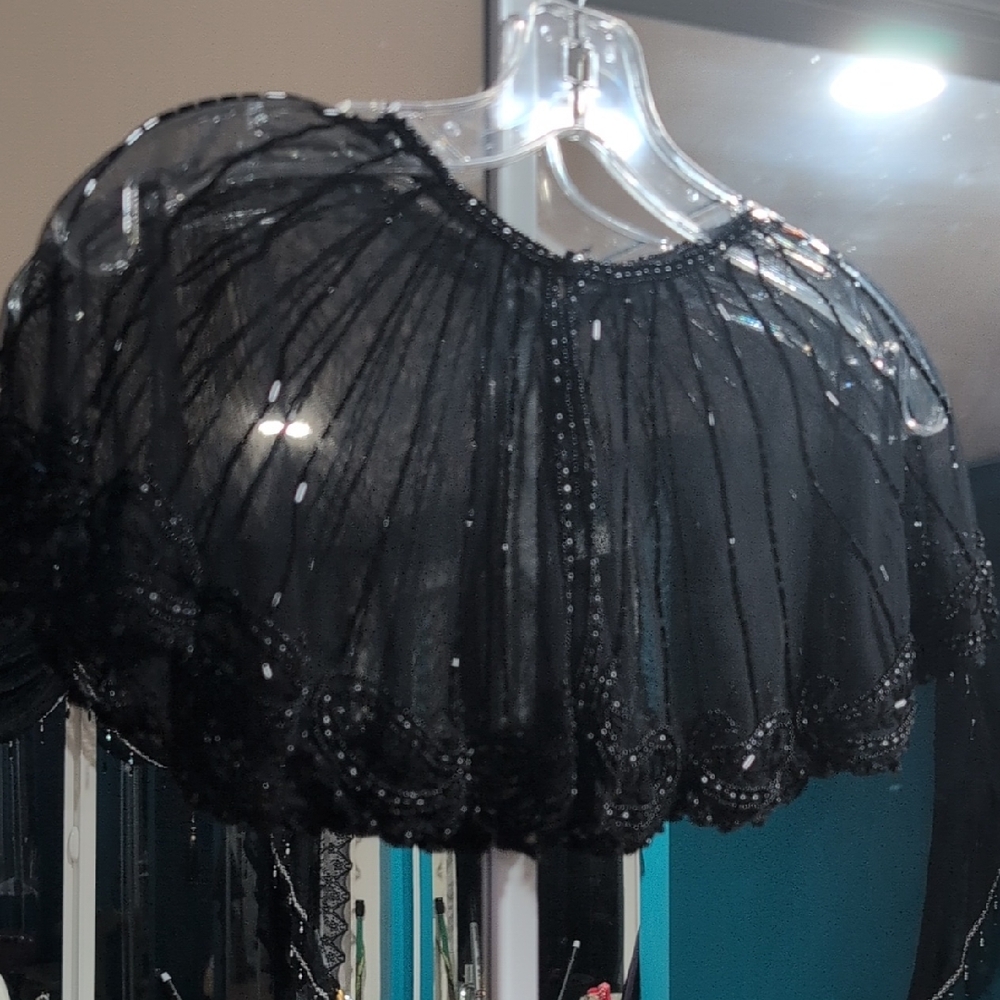 Elegant Black Sheer Beaded Capelet